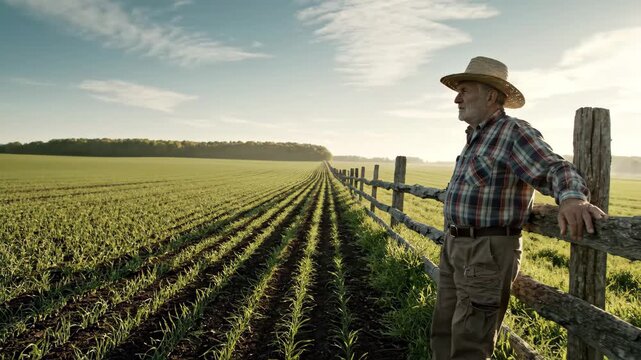 Elderly farmer in straw hat leaning on a wooden fence overlooking a vast green field of young crops at sunrise