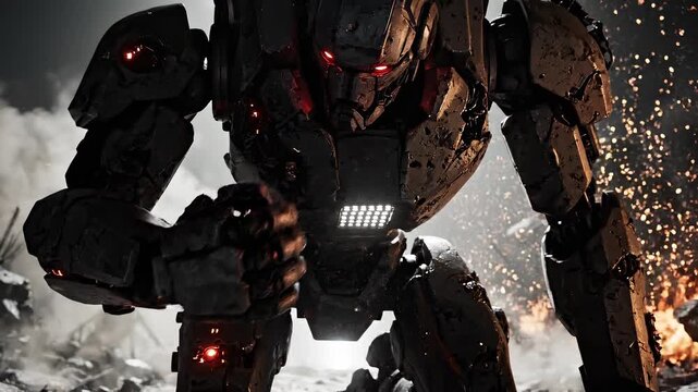 Giant destructive combat robot standing in a war zone