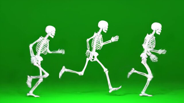 Three white skeletons running in sequence against a bright green screen background