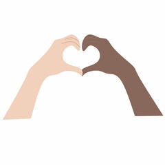 Obraz premium A minimalist vector image of multiracial hands in a heart shape. The concept of equality and diversity. Vector illustration.