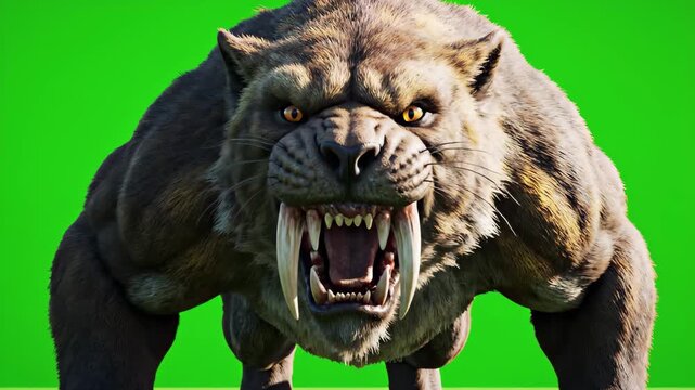 Aggressive saber toothed cat creature roaring on green screen