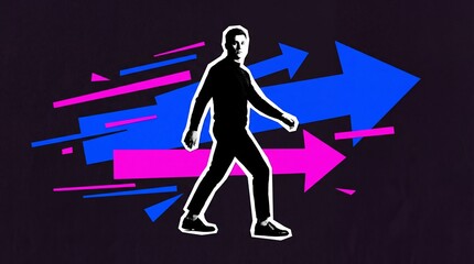 Silhouette of a man walking forward with blue and pink arrows indicating progress