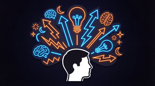 Neon brain and lightbulb ideas exploding from a silhouette head, representing innovation