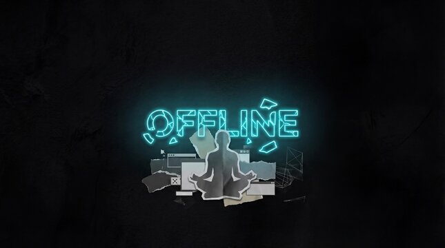 Neon 'Offline' sign glowing above a meditating figure surrounded by digital debris