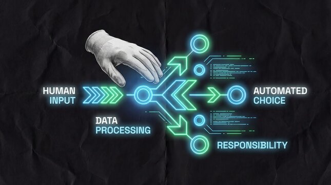 Human hand guides automated decision-making process with data input and responsibility