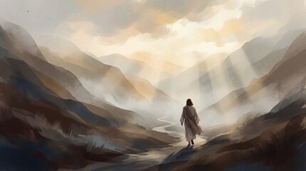 Jesus walking through a misty valley with sunbeams breaking through the clouds