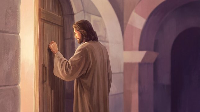 Jesus knocking on a wooden door with a warm light shining from the opening