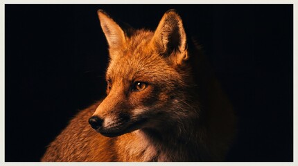 Obraz premium Close-up portrait of a red fox with striking amber eyes against a dark background