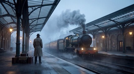 Man in trench coat waits on foggy train station platform for steam locomotive