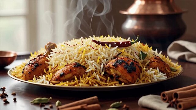 Chicken Biryani with Fragrant Basmati and Exotic Spices, food stock video, boryani video, festival food, seamless looping, 4k video looping, dinner stock videos, food recipes, youtube videos, stock ai