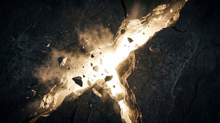 Dramatic rock fissure erupting with bright light and debris, symbolizing destruction and revelation
