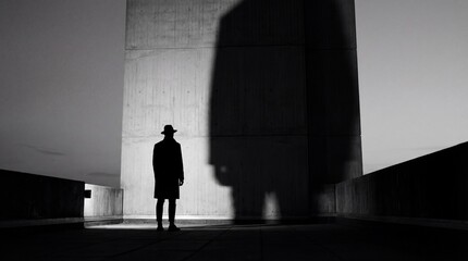 Silhouette of a man in a hat and trench coat standing against a concrete wall with a large shadow