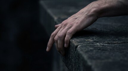 Close-up of a man's hand resting on a rough stone ledge with dark background