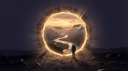 Man stands before glowing portal revealing a majestic mountain valley and river at sunset