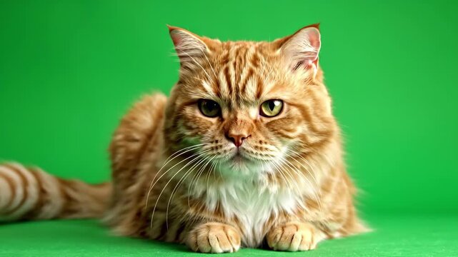 Grumpy orange longhaired cat lying on green screen background