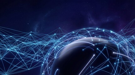 Abstract digital network sphere with glowing connections against a starry night sky