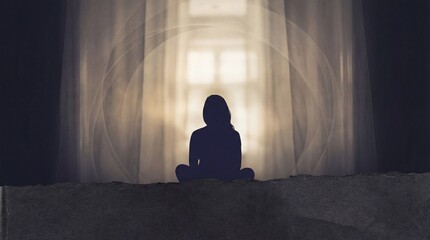 Silhouette of a person meditating in lotus position against a softly lit window with sheer curtains