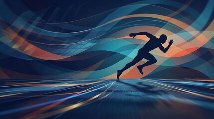 Silhouette of a runner in motion against a vibrant, abstract, colorful background