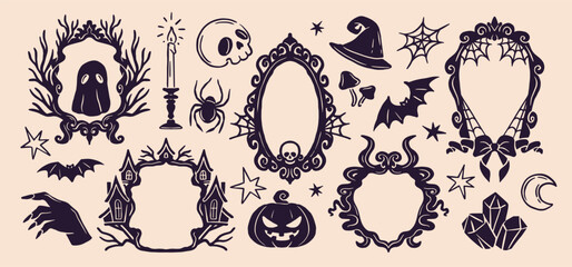 Decorative Gothic Halloween frames. Scary dark borders with cobwebs, skull, bat and ghost. Design elements for holiday cards. Hand drawn vector illustration collection isolated on background © Rudzhan