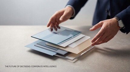 Businessman carefully stacking transparent material samples for analysis and decision making