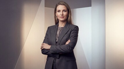 Confident businesswoman in a grey suit with arms crossed, looking directly at the camera