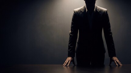 Silhouette of a businessman in a suit standing behind a table with dramatic lighting