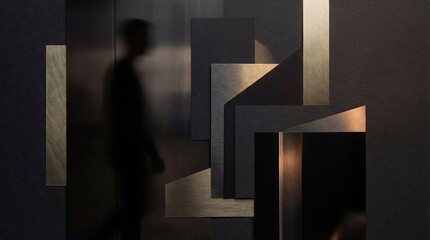 Abstract geometric composition with a blurred silhouette of a person walking past