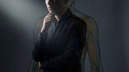 Man in thoughtful pose with superimposed anatomical illustration of human body