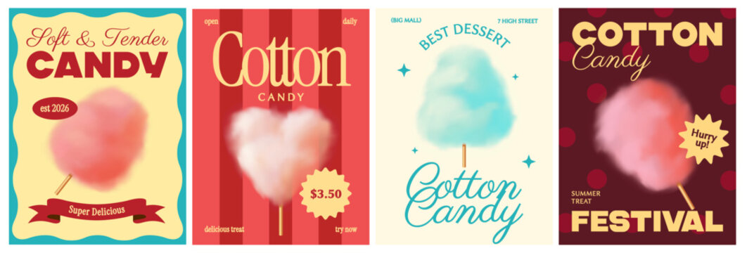 Cotton candy posters. Bright retro flyers with sweet sugar confectionery, fluffy floss and text. Festival or party food. Carnival dessert. Cartoon vector illustration collection isolated on background
