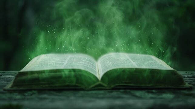 A magic book hovers above a surface in a dark forest. Green energy swirls and glows around the open pages, creating an enchanting sight