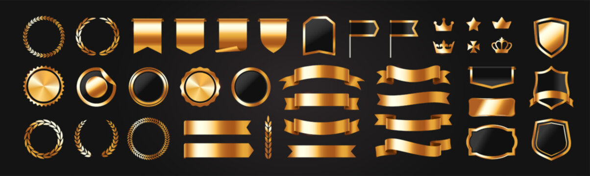 Luxury golden design elements. Premium labels, flags, ribbons, crowns, vintage frames and borders with gold shiny foil texture. Realistic vector illustration collection isolated on background