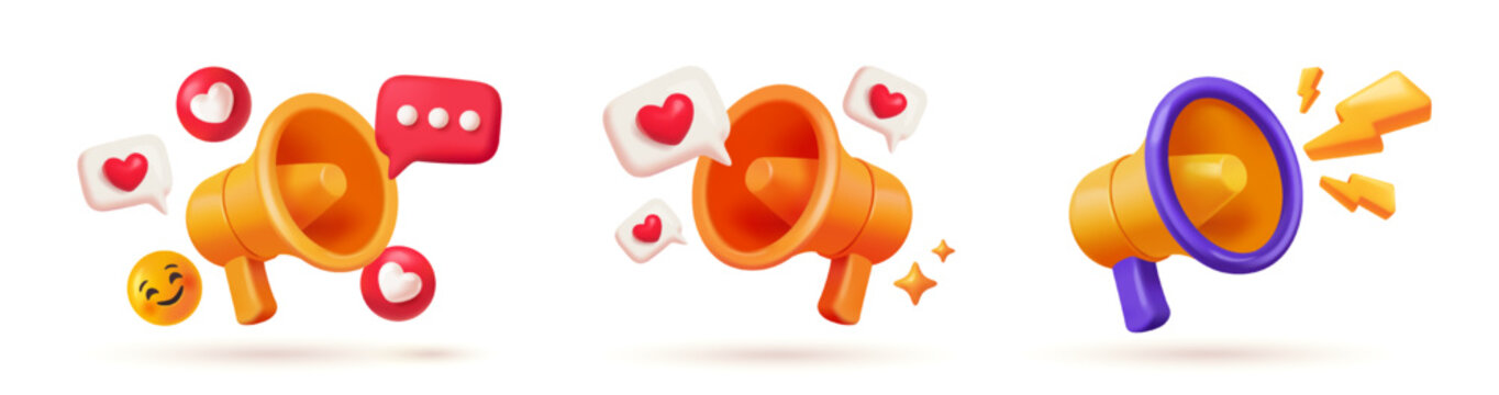Set of 3D megaphone icons. Symbols in plasticine style with loudspeakers, hearts, emojis, and lightning bolts. Promotional announcements, advertising, and marketing. Vector illustration collection