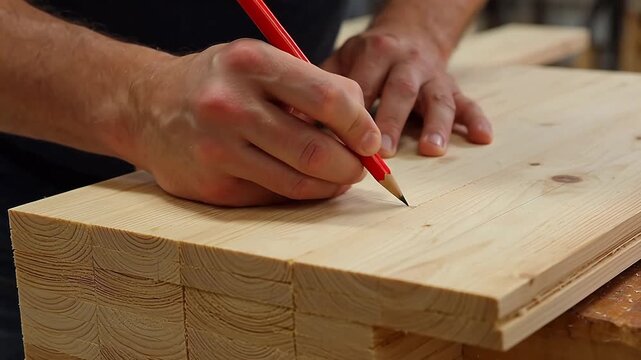 Person marking wood with pencil