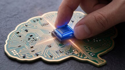 Hand placing a glowing blue microchip into a brain-shaped circuit board