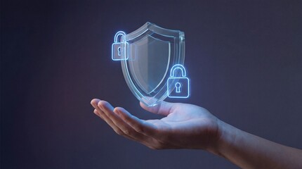 Hand holding a glowing shield with two padlocks, symbolizing digital security and protection