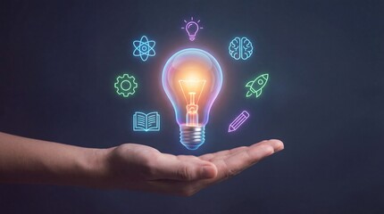 Hand holding a glowing lightbulb surrounded by neon icons representing innovation and knowledge