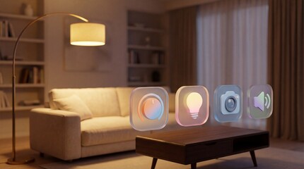 Smart home interface with holographic icons for lighting, camera, and sound control