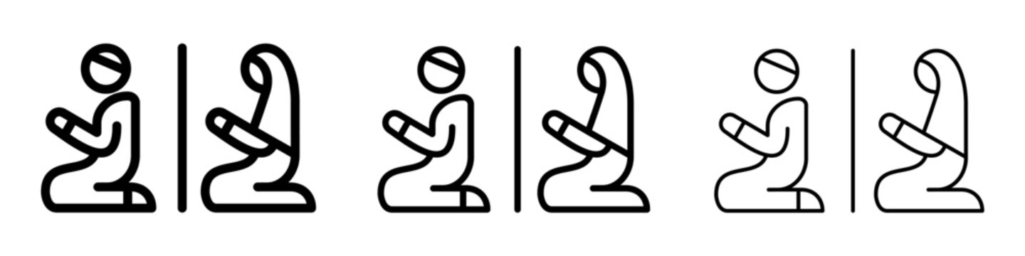 Muslim prayer room icon in outline style with varied line weight. Vector pictogram representing designated Islamic prayer space, suitable for public facilities, signage and wayfinding systems.