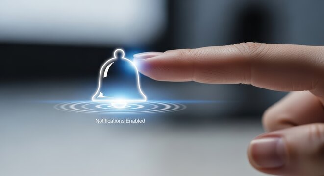 Macro shot of a finger tapping on a floating bell icon to enable notifications