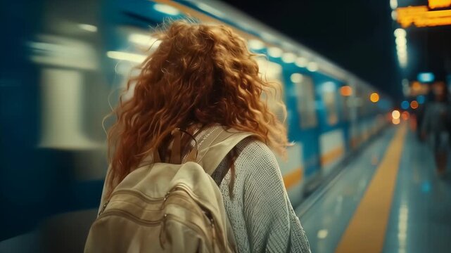 Young woman with backpack waiting for metro train on modern platform
