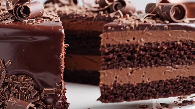 Decadent slice of chocolate mousse layer cake with ganache and curls