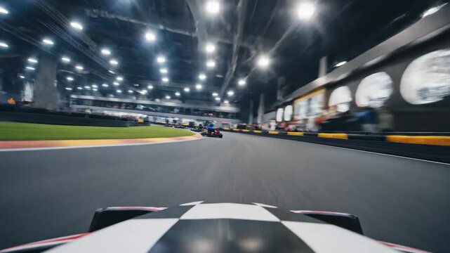 Firstperson view of indoor gokart racing with motion blur