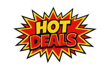 Colorful hot deals explosion with bold yellow letters on red starburst background