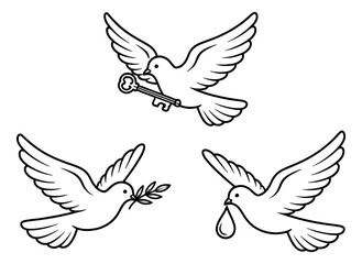 Obraz premium Line art dove set featuring a key, an olive branch, and a water drop for peace, hope, and freedom concepts
