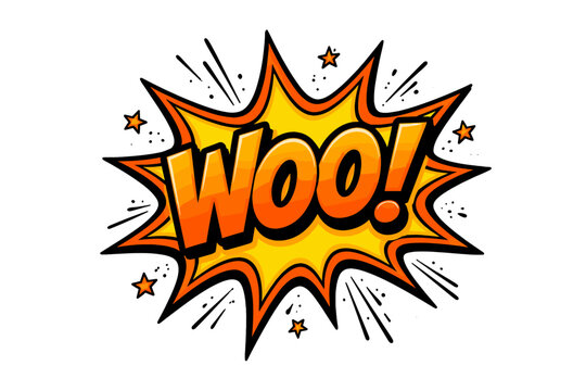 Vibrant comic style explosion with energetic woo text