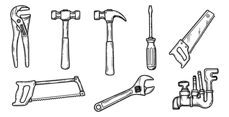 Hand drawn line art tools set featuring various construction and plumbing items for home improvement and repair projects
