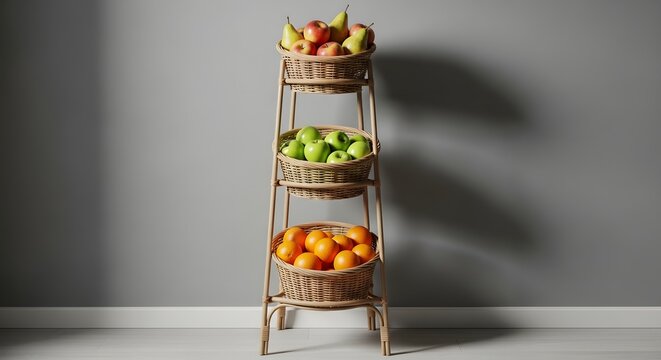 Three tiered basket stand with fresh fruits on each tier
