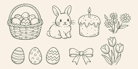 Obraz premium Easter elements lineart bunny basket eggs cake flowers bow spring set in hand drawn outline style, perfect for Easter designs, invitations, cards, prints, and decorations