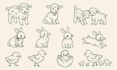 Fototapeta premium Easter animals line art set with lambs rabbits and chicks in cute hand drawn outline style, perfect for Easter illustrations, cards, invitations, stickers, and prints