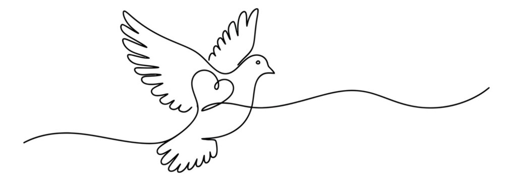 Continuous line art illustration of a dove depicting a heart in flight for peace and love
